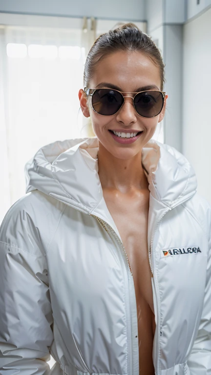 well lit moda shoot of Marta smiling, oculos de sol, wearing an oversized white inflatable jacket designed by Yeezy and Balenciaga, sharp focus, claro, intrincado, cinematic, glamourous, symmetrical, soft lighting, indirect lighting, Voga, editorial, moda, corpo todo