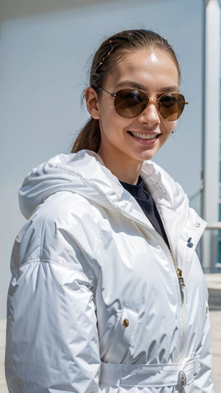 well lit moda shoot of Triple X smiling, oculos de sol, wearing an oversized white inflatable jacket designed by Yeezy and Balenciaga, sharp focus, claro, intrincado, cinematic, glamourous, symmetrical, soft lighting, indirect lighting, Voga, editorial, moda, corpo todo