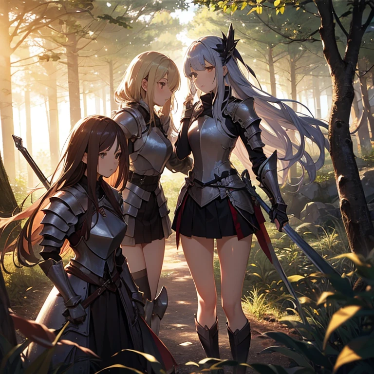 A group of female knight, (in forest), various hair styles, harem, wearing armored clothes, metal armor, night, details face, , short skirt, seducing, sword