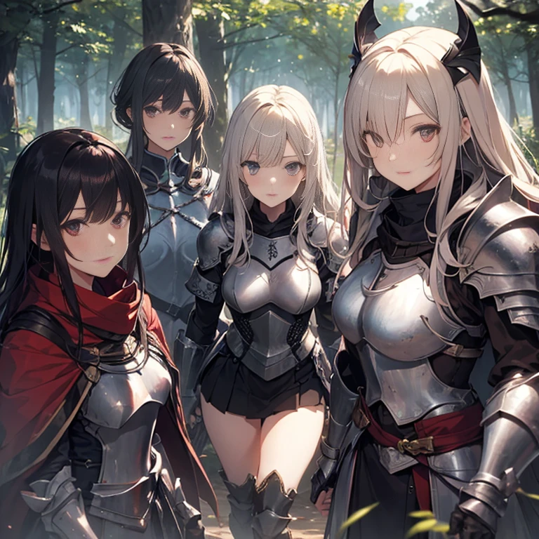 A group of  female knight, (in forest), various hair styles, harem, wearing armored clothes, metal armor, night, details face, , short skirt, seducing, sword 