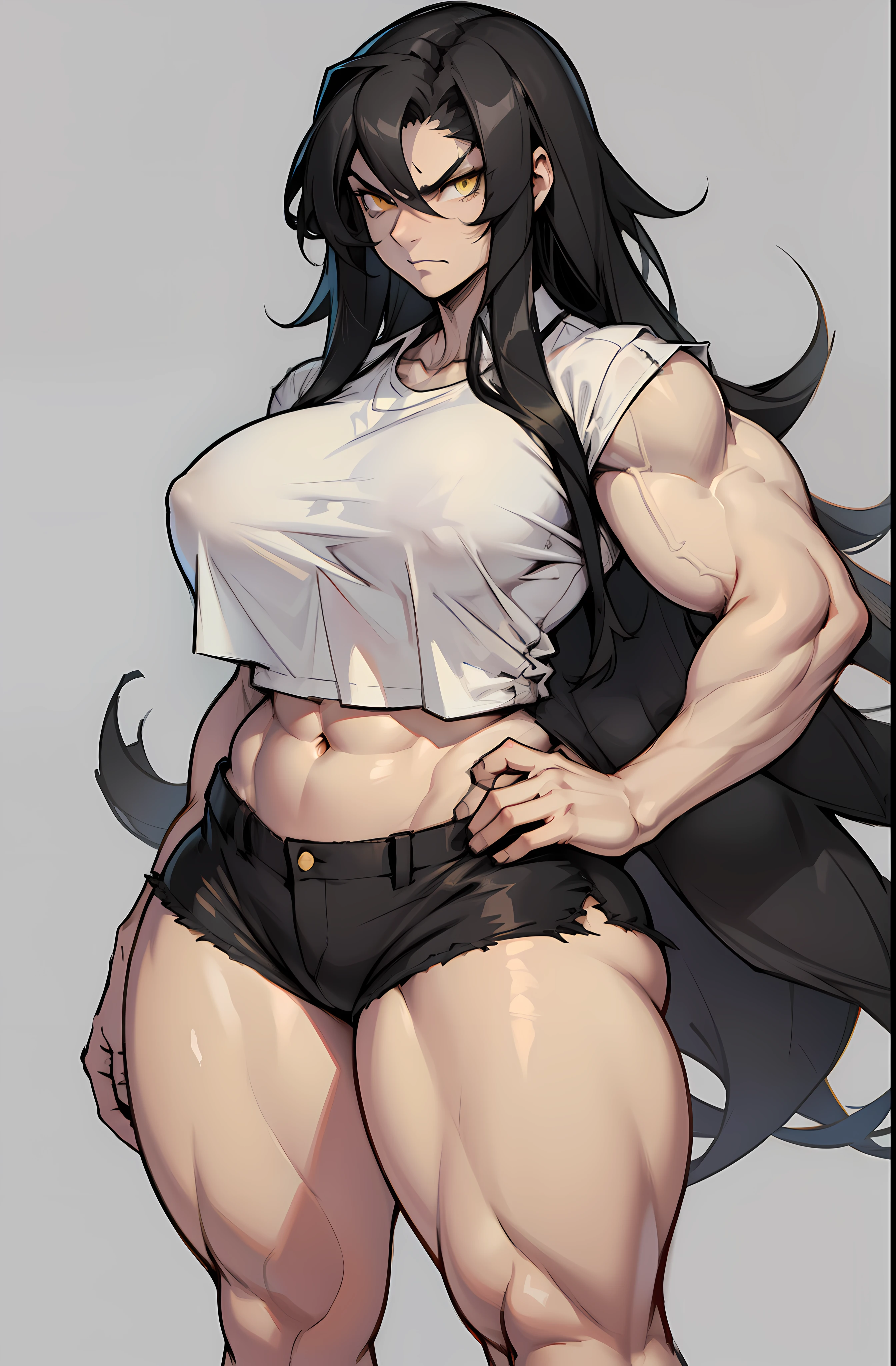 ((grey background)), solo, (((1 girl))), very long hair, black hair, angry, yellow eyes, ((((muscular)))), huge tits, thick thighs, wide hips, pale skin, (((over-sized shirt))), (((no bottoms))), standing, midriff, abs, navel