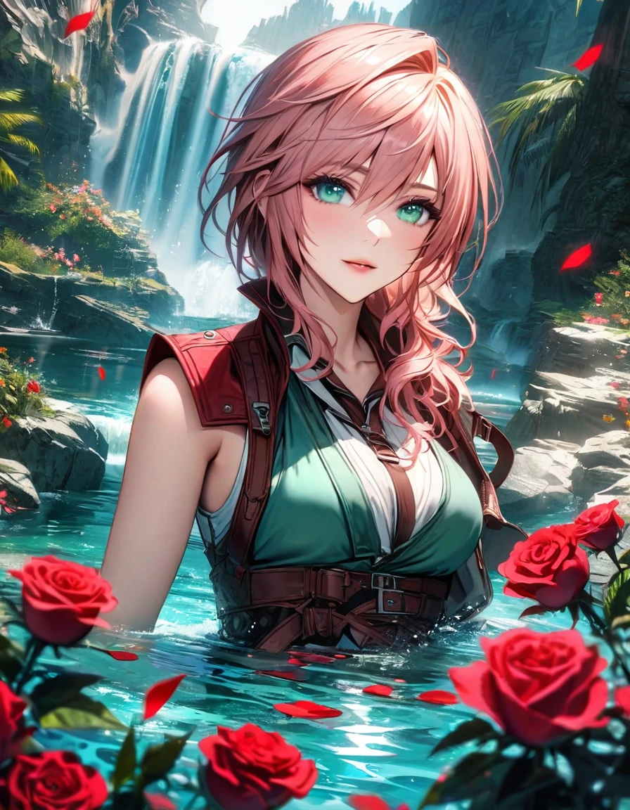 Ultra detailed, highres, absurdres, HDR, Claire Farron, wavy rose pink short hair, aqua pale eyes, Final Fantasy, Lightning Farron, 1 woman only, extremely beautiful, water, flowers and red petals, 