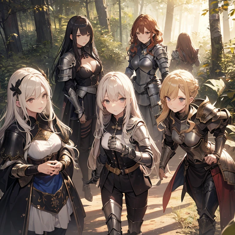 A group of female knights, (in forest), various hair styles, harem, wearing armored clothes, metal armor, night, details face, trousers, seducing, sword,