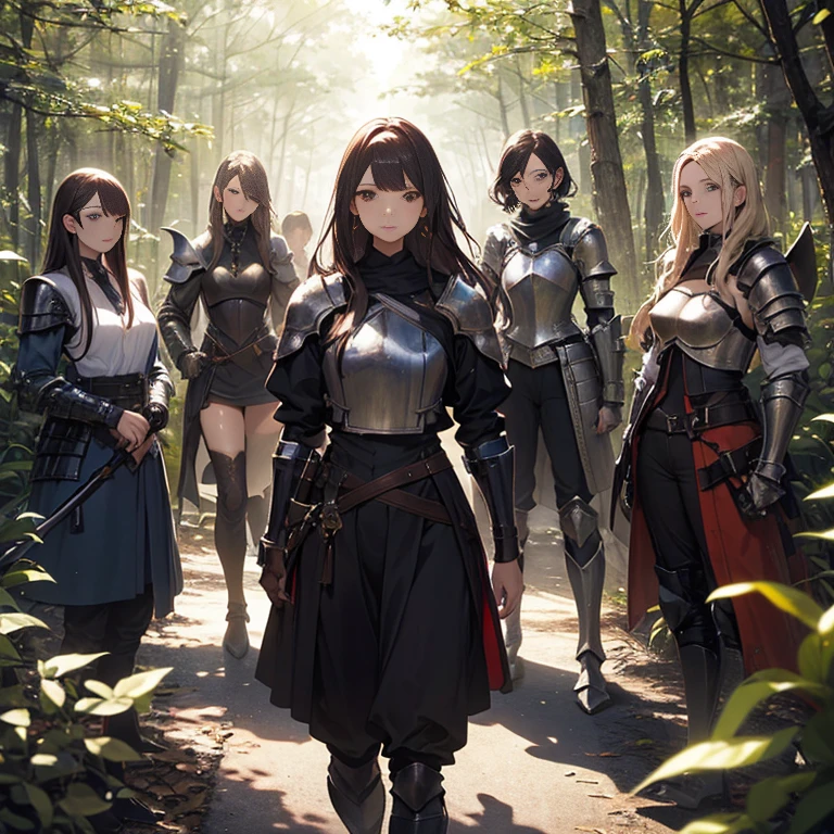 A group of  female knights, (in forest), various hair styles, harem, wearing armored clothes, metal armor, night, details face, trousers, seducing, sword,