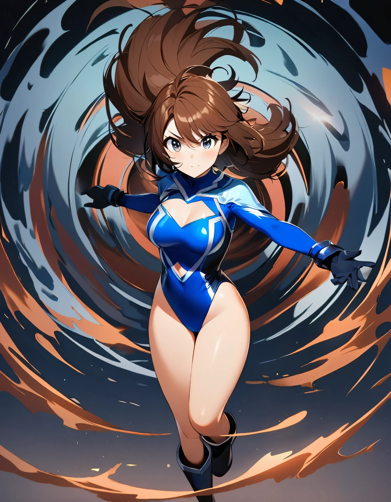 1girl, solo, solo focus, a female superhero spins in place like a tornado, medium breasts, leotard, red and blue leotard, bare legs, boots, matching boots, gloves, matching gloves, brown hair, full body, time travel