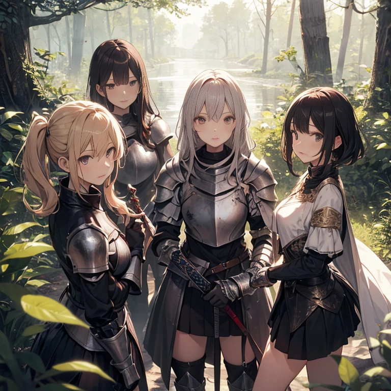 A group of female knight, (in forest), various hair styles, harem, wearing armored clothes, metal armor, night, details face, , short skirt, seducing, sword