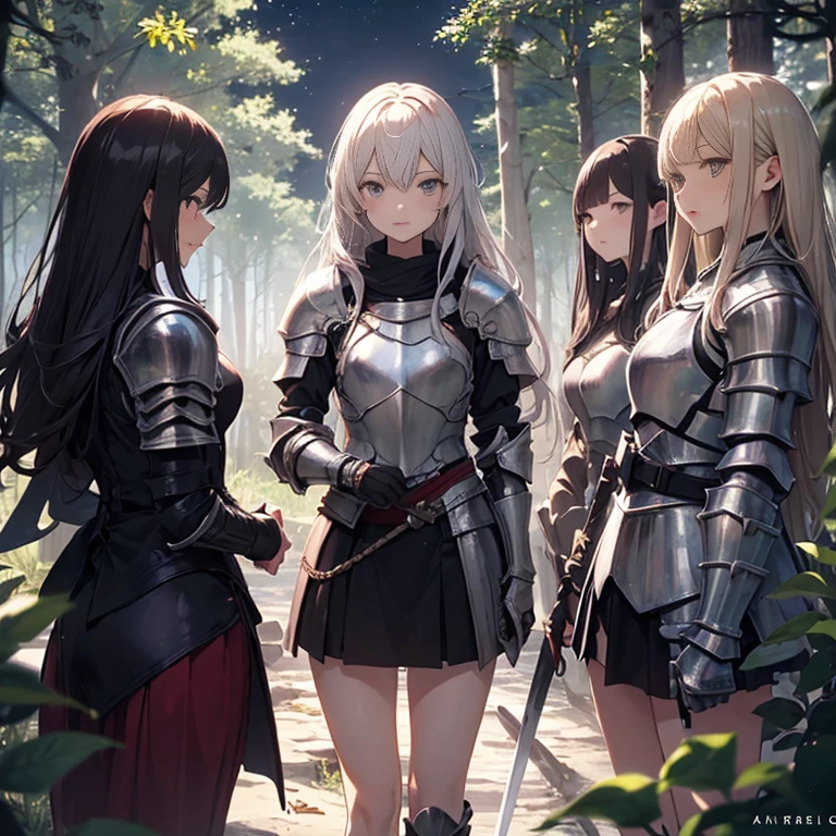 A group of female knight, (in forest), various hair styles, harem, wearing armored clothes, metal armor, night, details face, , short skirt, seducing, sword