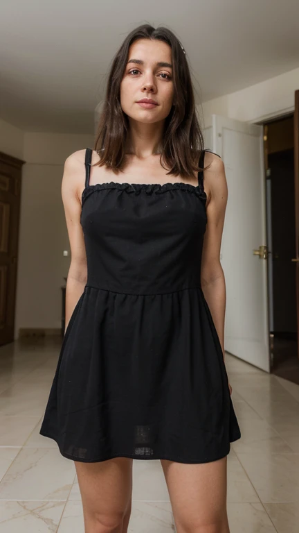 retrato completo de uma mulher europeia de 20 e poucos anos, cabelo loiro, hiper realista super detalhado, she is inside the house, bonitinho, Vida real, natural, posando, (((She's wearing a short black dress)))