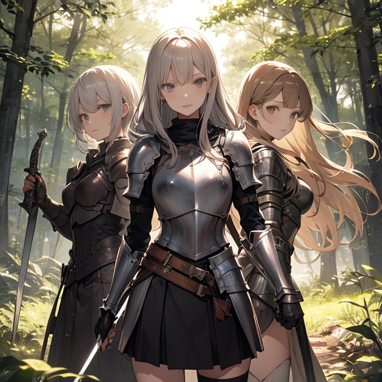 A group of female knight, (in forest), various hair styles, harem, wearing armored clothes, metal armor, night, details face, , short skirt, seducing, sword