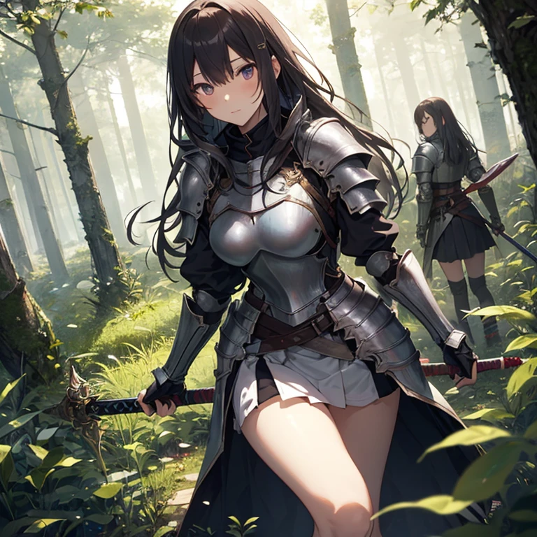 A group of  female knight, (in forest), various hair styles, harem, wearing armored clothes, metal armor, night, details face, , short skirt, seducing, sword 