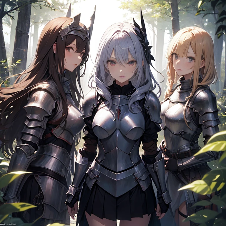 A group of female knight, (in forest), various hair styles, harem, wearing armored clothes, metal armor, night, details face, , short skirt, seducing, sword