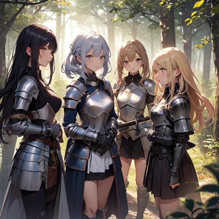 A group of  female knight, (in forest), various hair styles, harem, wearing armored clothes, metal armor, night, details face, , short skirt, seducing, sword 