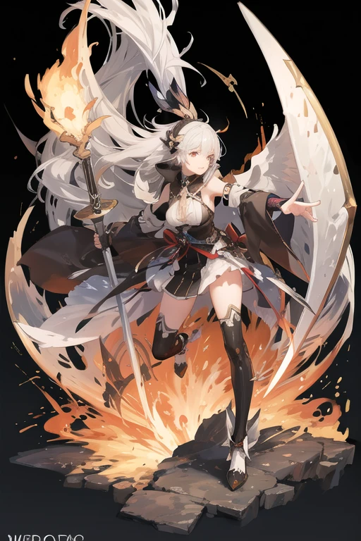 ((masterpiece, highest quality, 8K, High resolution:1.3)), 1 girl, Cat ear, white skin, medium breasts, pointed chest, The mountain where the dragon lives々, fantasy, jumping, Take a knife, 