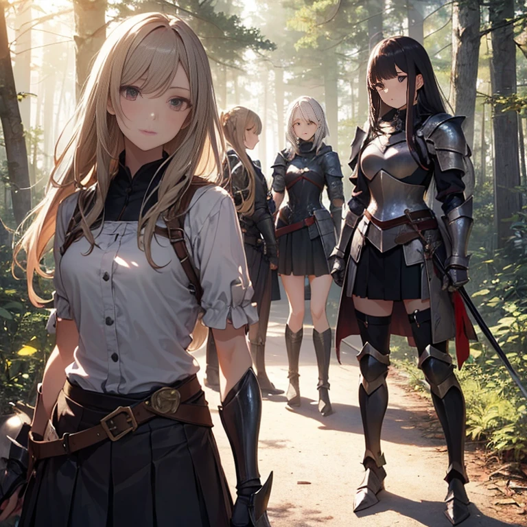 A group of  female knight, (in forest), various hair styles, harem, wearing armored clothes, metal armor, night, details face, , short skirt, seducing, sword 