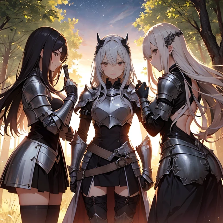A group of female knight, (in forest), various hair styles, harem, wearing armored clothes, metal armor, night, details face, , short skirt, seducing, sword