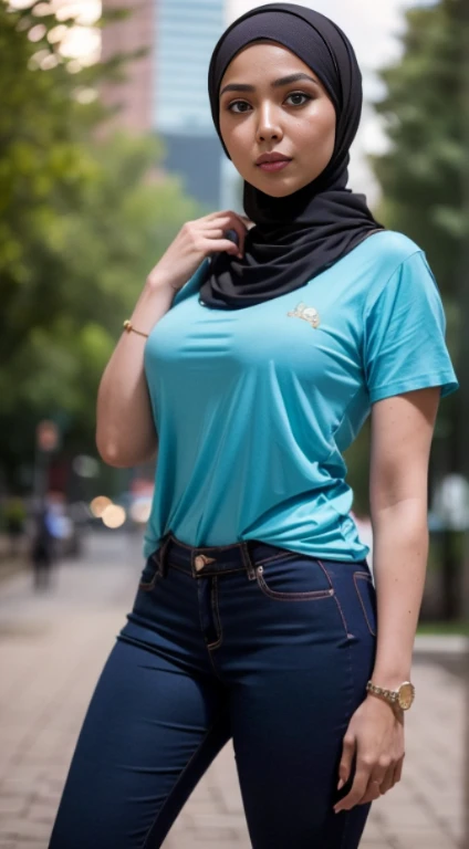 RAW, Best quality, high resolution, masterpiece: 1.3), beautiful Malay woman in hijab, Masterpiece, perfect slim body, big breasts, beautiful big eyes, Soft smile, wearing a dark blue tight t-shirt, casual trousers, necklace, walking around evening, City park, Great lighting, Bright colors, Bright lines