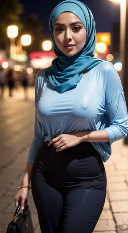 RAW, Best quality, high resolution, masterpiece: 1.3), beautiful Malay woman in hijab, Masterpiece, perfect slim body, big breasts, beautiful big eyes, Soft smile, wearing a dark blue tight t-shirt, casual trousers, necklace, walking around evening, City park, Great lighting, Bright colors, Bright lines