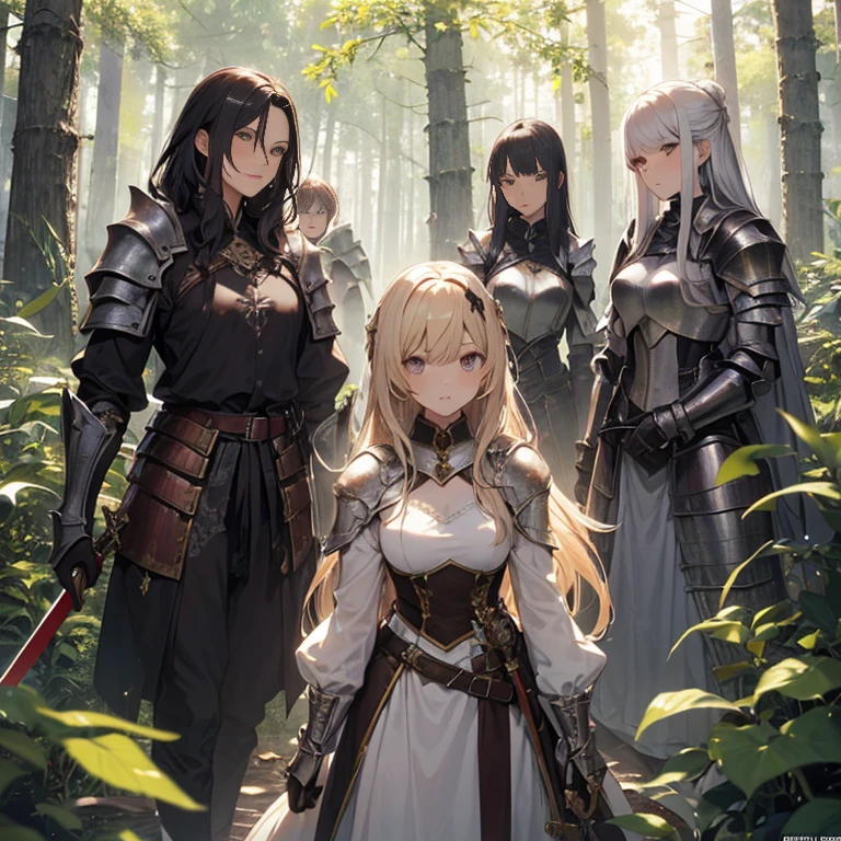 A group of female knights, (in forest), various hair styles, harem, wearing armored clothes, metal armor, night, details face, trousers, seducing, sword,