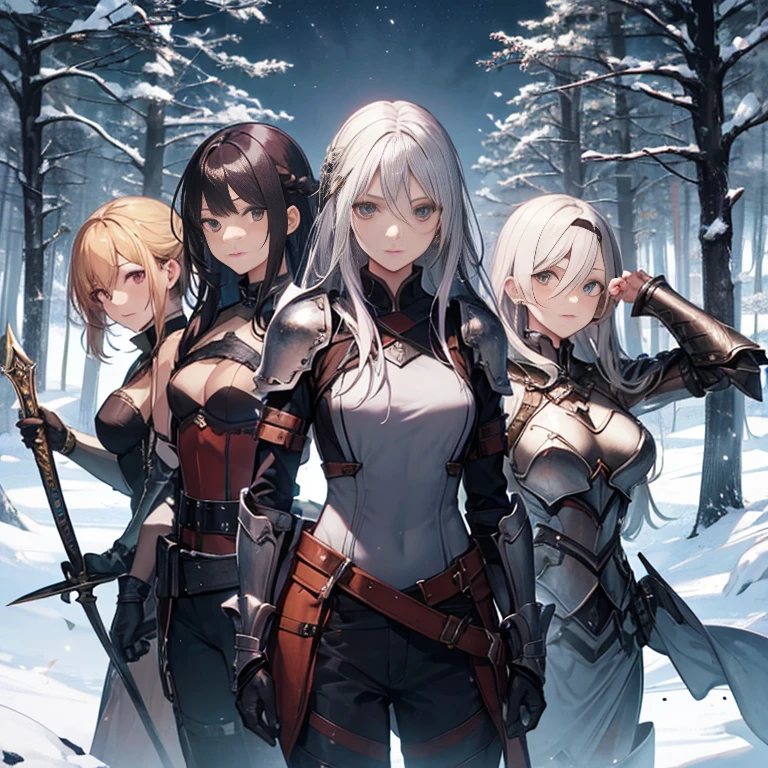 A group of female knights, (in forest), various hair styles, harem, wearing armored clothes, metal armor, night, details face, trousers, seducing, sword,