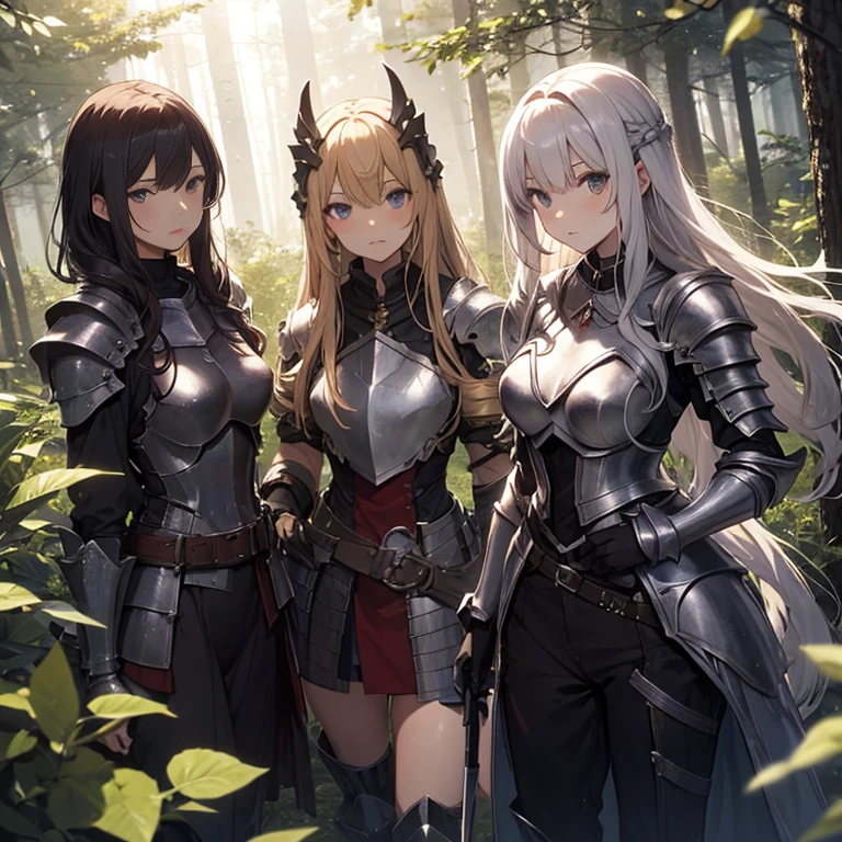 A group of female knights, (in forest), various hair styles, harem, wearing armored clothes, metal armor, night, details face, trousers, seducing, sword,