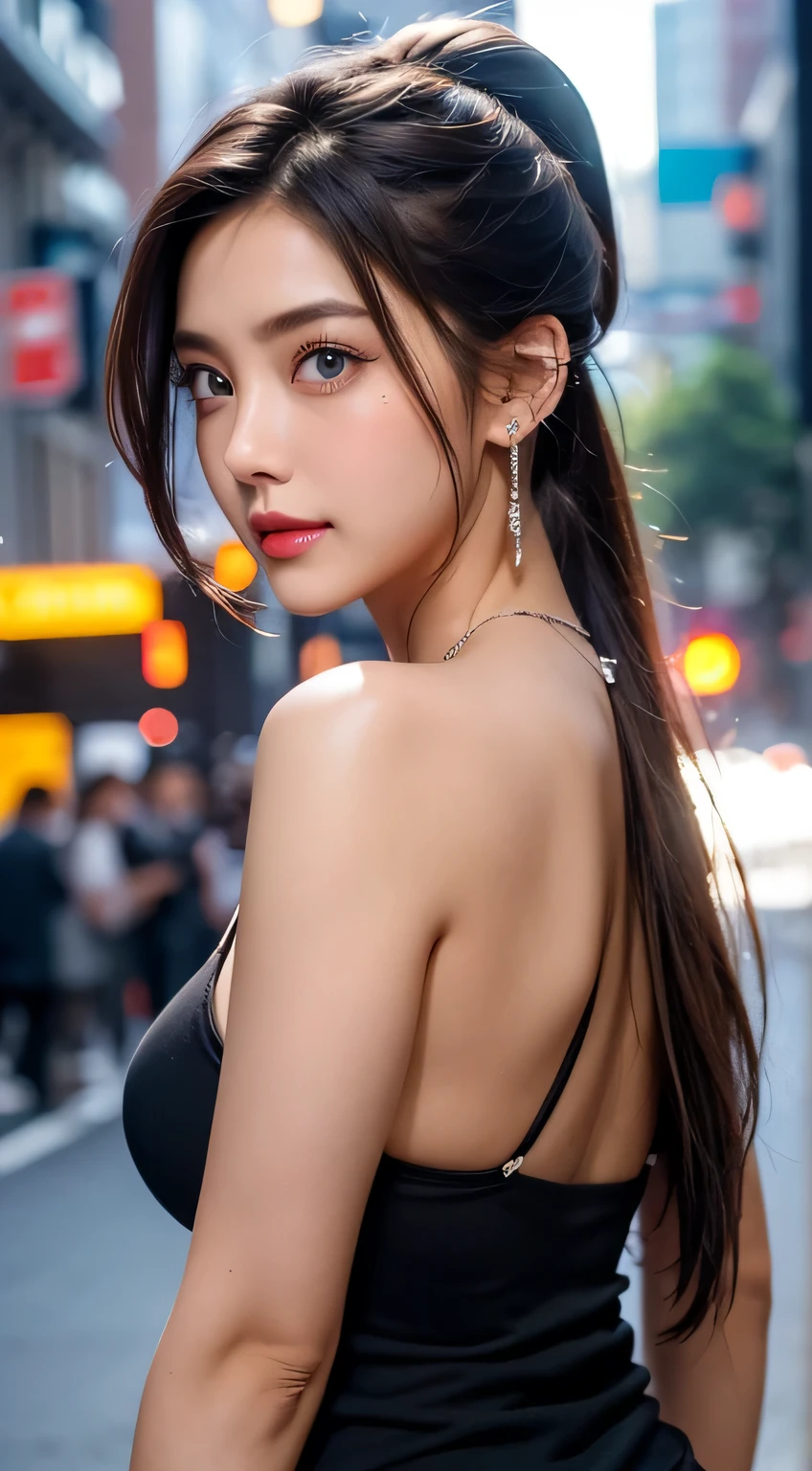 Urban beautiful girl college student, masterpiece, light makeup, red lips, silver hair, messy long hair, street background, beautiful, elegant. super fine details, master works, authentic texture, cinematic lighting realism, perfect job, 16K, hd, exquisite features,blue eyes、japanese idol、Beautiful Face、cute smile、brown hair、beautiful hair、ponytail、glamorous、 big breasts、erect nipples、Oily muscle、shiny skin、tanned skin、Black glowing skin、sexy camisole,T-back, bright big eyes, smooth skin, earrings, necklace, tattoo