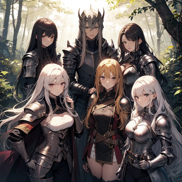A group of female knights, (in forest), various hair styles, harem, wearing armored clothes, metal armor, night, details face, trousers, seducing, sword,