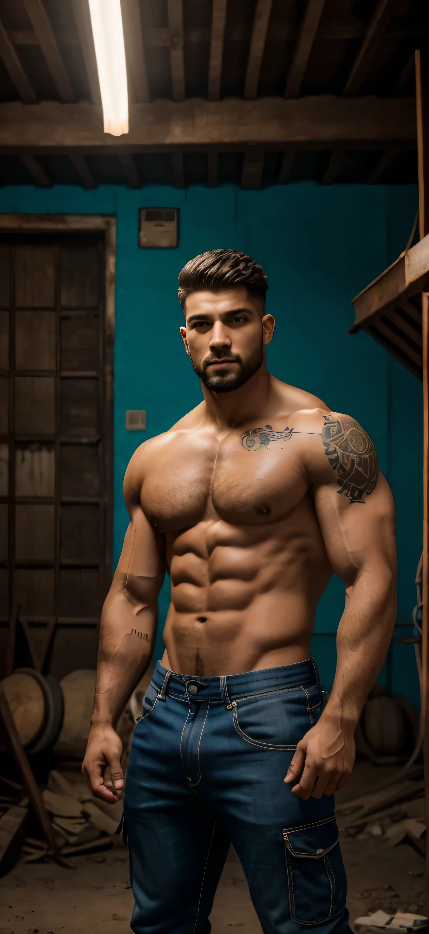 (Mejor calidad,4k,8K,high resolution,obra maestra:1.2),ultra detallado,(realista,photorealista,photo-realista:1.37),Un joven gigante y musculoso con cabello azul cian, cabello recortado y traje de camiseta sin mangas y pantalones cargo.,Barba corta y recortada,sin tatuajes,impresionante,relaxed expression,hermosos ojos detallados,stern expression,brazos fuertes y musculosos,manos gigantes,tattooed biceps,manos venosas,rippling muscles,cuello grueso,v cut abdominal muscles,abdominales apretados,bulging pectoral muscles,Hombros anchos,bulky physique,strong jaw,chiseled cheekbones,Botas de combate,Chaqueta de mezclilla,ropa rasgada,pose de tipo duro,aura misteriosa,valiente y confiado,postura heroica,en un entorno industrial desierto,marcado contraste entre luces y sombras,paleta de colores azul verdoso,dynamic lighting,bright neon signs,sandy atmosphere,decadencia urbana,Vivid graffiti,estructuras masivas que se desmoronan,maquinaria abandonada,humo ondulante,dust particles floating in the air,moody and dramatic,presencia amenazante,presencia imponente