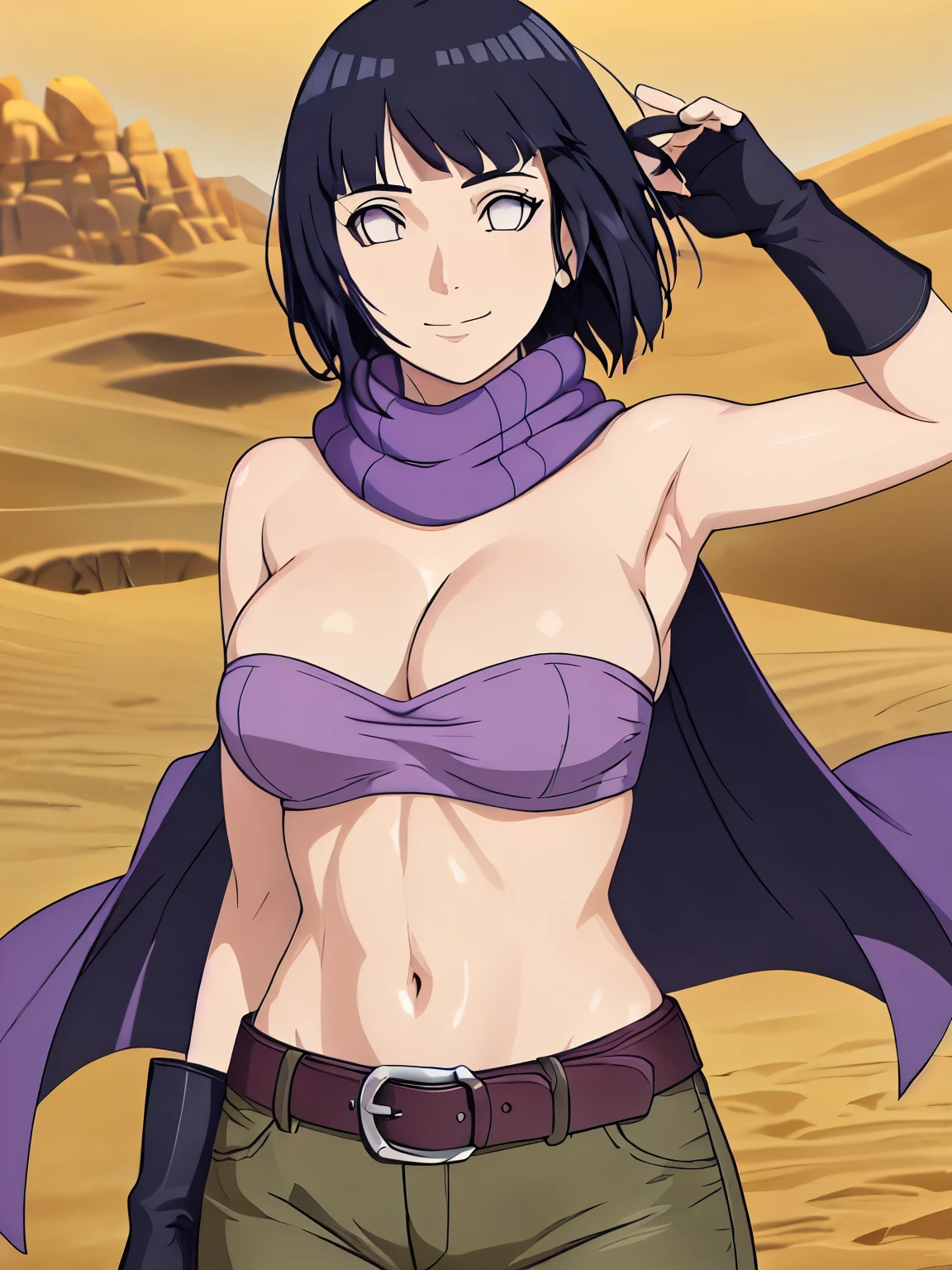 (hinata\(boruto\), (high quality, anime, tall), ((mini purple Bandeau top, tight purple Bandeau top)), ((fingerless gloves, blue PANTS with belt, black scarf)), (both arms down, (both armpits in full glory, two armpit line),  curvy body, extremely slim waist, off-shoulders, big breasts, cleavage, groin lines, little biceps, smile, closed mouth), (posing in photoshoot), pale skin, ((floating hair, dark blue, short hair, hime cut، loose hair), (location: very hot desert)
