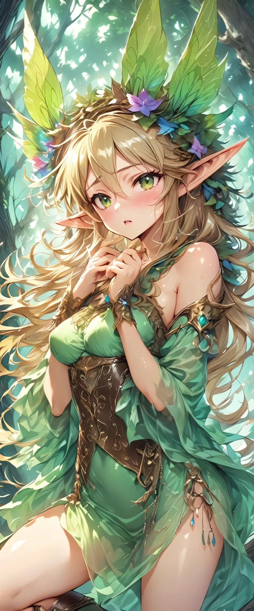 ((masterpiece)), ((best quality)), ((high resolution)), ((Extremely detailed CG unified 8k wallpaper)), ((on a tree branch in the deep forest:1.3)), ((Elven woman cartoon character, Pointed elf ears, wavy blonde hair, green eyes, Bare Skin:1.2)), cowboy shot, skin is wet and shiny, Wearing a flowing minidress and leather armor with gold decorations, Long leather boots, ((tilts head, View from the front:1.2)), ((squat with legs apart)), 