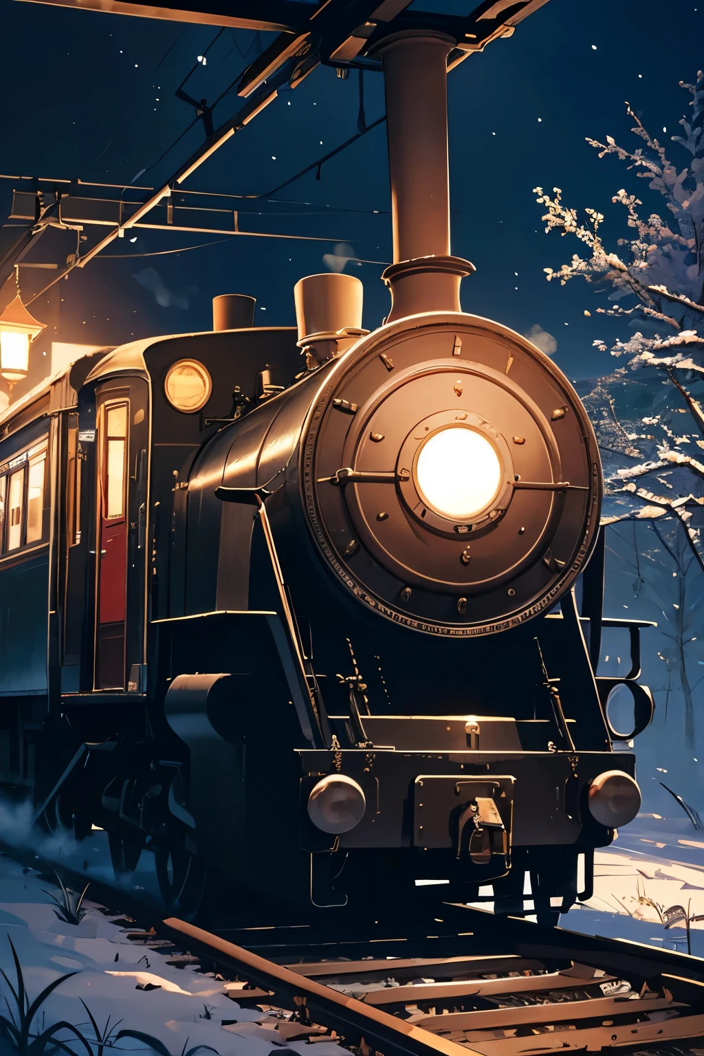 Eu quero uma obra-prima de um Trem da era Taisho, captured in a high-resolution photograph, em uma noite escura em uma floresta encantada, as delicate snowflakes slowly fall from the sky. Diffuse natural lighting creates a magical environment, highlighting every detail of the train, from the steam rising from the chimney to the intricate details of the wheels and exterior. The quality of this image is simply stunning, with 8K resolution that allows you to appreciate even the smallest elements. The train is a true masterpiece