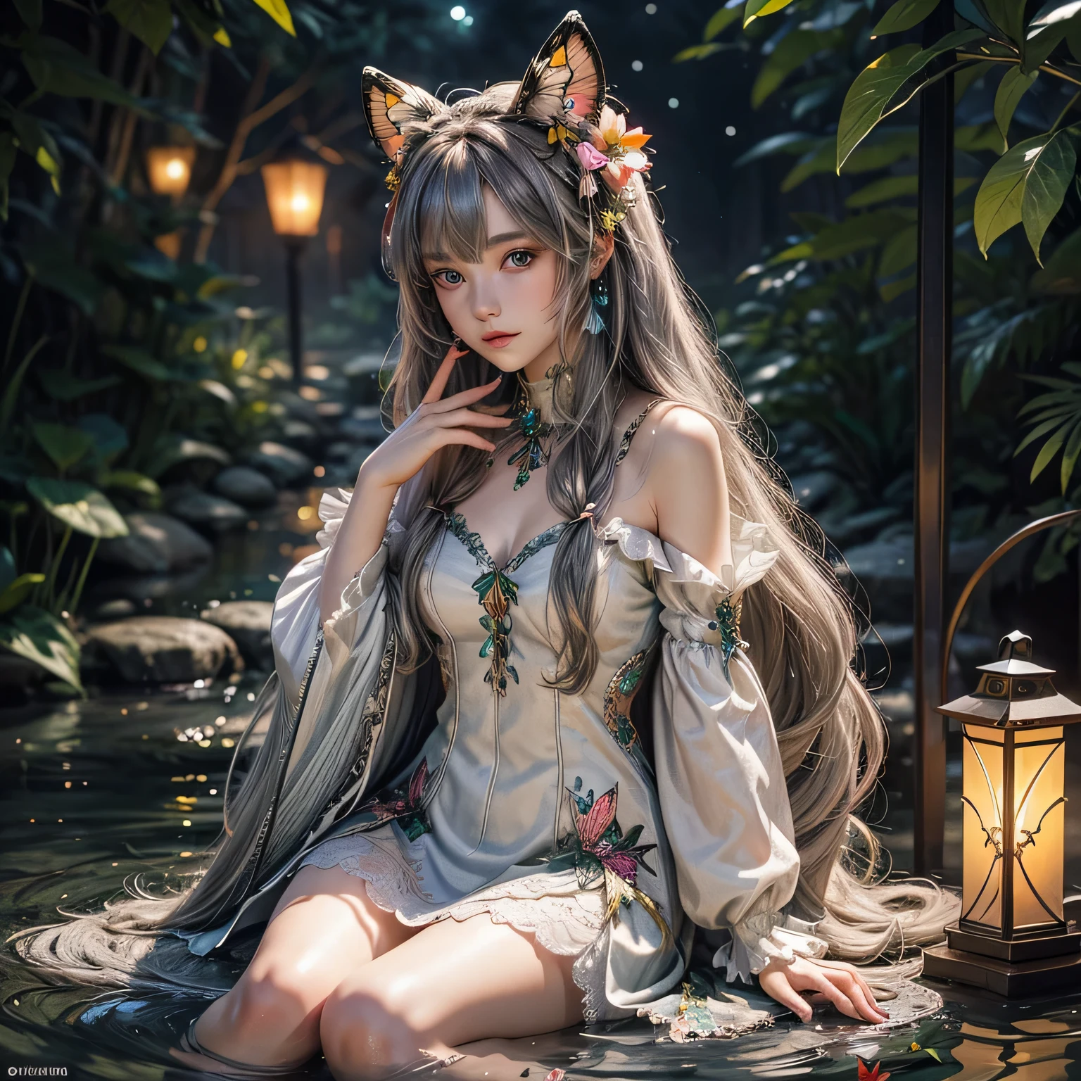 (masterpiece), (best quality), illustration, ultra detailed, hdr, Depth of field, (colorful),[Xnkzzmcz],[iumu],green eyes, 1girl, long hair, solo, flower, hair ornament, looking at viewer, very long hair, butterfly, sitting, hair flower, lantern, bug, water, bangs, full body, bell, red flower, hair between eyes, long sleeves, parted lips, detached sleeves, butterfly on hand, hand up, grey hair, jingle bell, animal ears