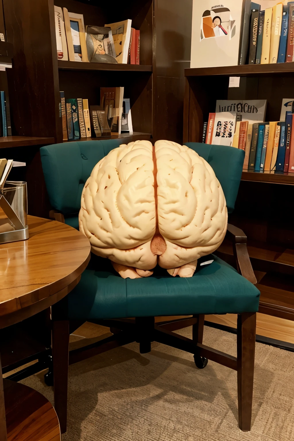 a brain sitting on a chair inside a bookstore, cartoon