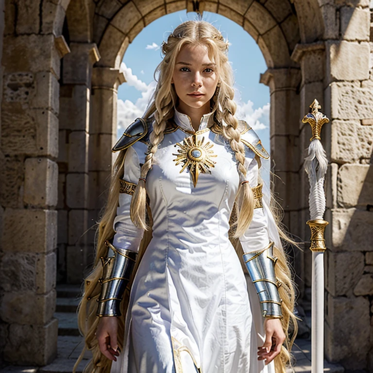 PixArt, rpg character, 25 years old, wearing full armor, long white magic staff, long blond hair, braided hair, symbole du soleil-levant, priestess of the sun