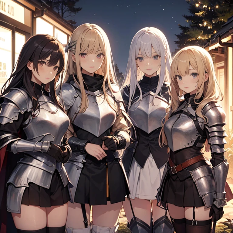 A group of female knight, (in forest), various hair styles, harem, wearing armored clothes, metal armor, night, details face, , short skirt, seducing, sword