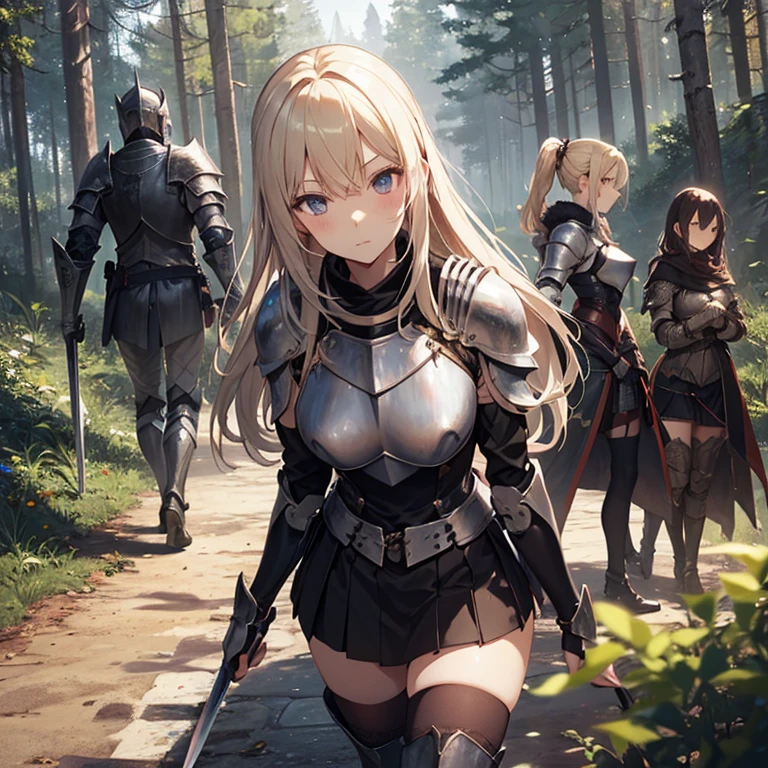 A group of  female knight, (in forest), various hair styles, harem, wearing armored clothes, metal armor, night, details face, , short skirt, seducing, sword 