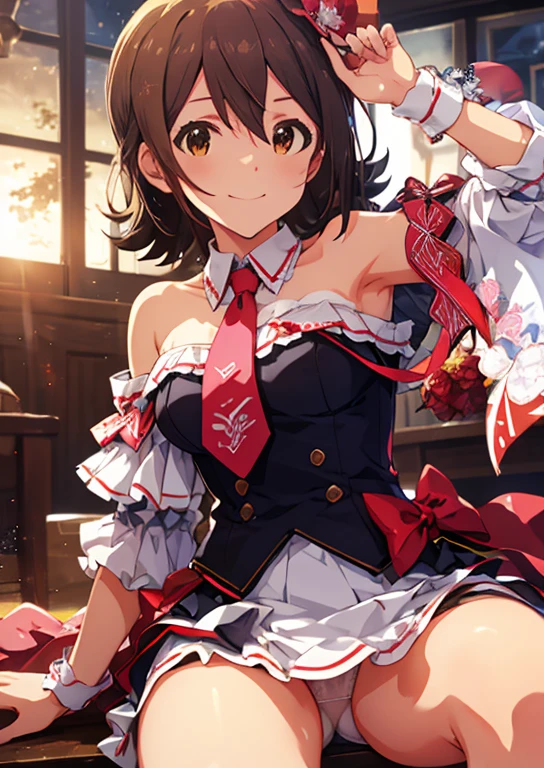 Mirai Kasuga (million live), (highest quality, 8K, masterpiece, Super detailed:1.2), (Lens flare, particles of light, shine), big breasts, smile, open your mouth, masterpiece, highest quality, Super detailed, High resolution, Very detailed CG, official art, idol costume, pink tie,white skirt, off shoulder, ((nfsw)), dynamic angle, perfect body,sexy, panty shot, M-shaped spread legs, raise your legs,Panties that dig into the crotch, 