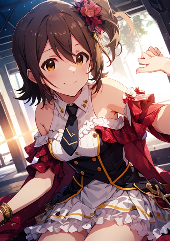 Mirai Kasuga (million live), (highest quality, 8K, masterpiece, Super detailed:1.2), (Lens flare, particles of light, shine), big breasts, smile, open your mouth, masterpiece, highest quality, Super detailed, High resolution, Very detailed CG, official art, idol costume, pink tie,white skirt, off shoulder, ((nfsw)), dynamic angle, perfect body,sexy, panty shot, M-shaped spread legs, raise your legs,Panties that dig into the crotch, 