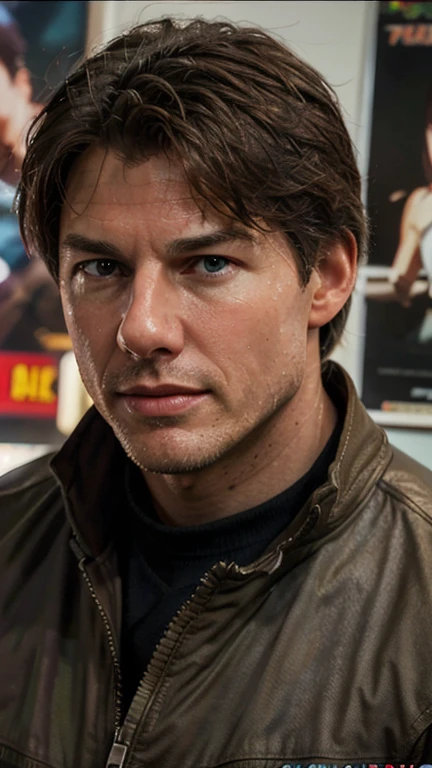 Tom Cruise de Top Gun, efeito vhs, (Poster: 1.2), Poster on the wall, nostalgia, movie Poster, (textura da pele), intrinsecamente detalhado, detalhes finos, hiperdetalhado, rastreamento de raio, underground dispersal, soft diffused lighting, Detailed F-14 Tomcat planes in the background, profundidade superficial de campo, por (Oliver Wetter) majestic professional oil painting por Ed Blinkey, atey ghailan, Studio Ghibli, por Jeremy Mann, Greg Manchess, Antonio Moro, trend at ArtStation, tendência na CGSociety, intrincado, Alto detalhe, sharp focus, dramatic painting and photorealistic art of (Greg Rutkowski:1.4), Bokeh