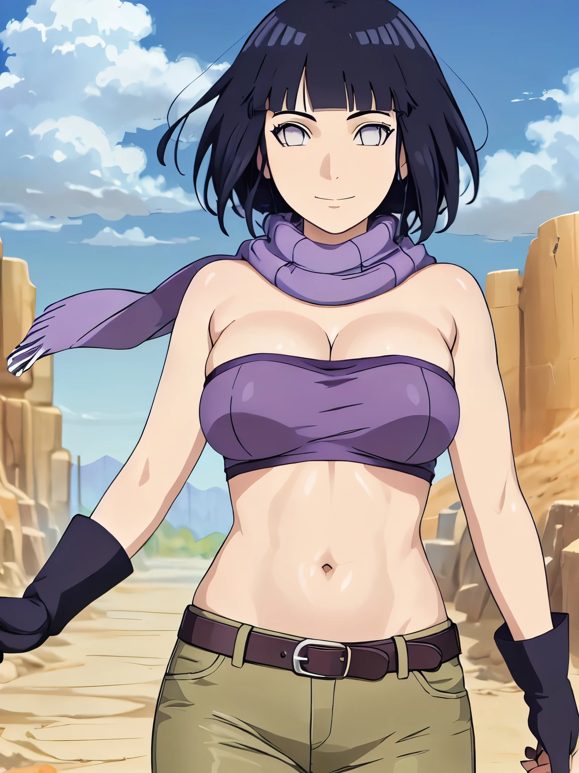 (hinata\(boruto\), (high quality, anime, tall), ((mini purple Bandeau top, tight purple Bandeau top)), ((fingerless gloves, blue PANTS with belt, black scarf)), (both arms down, (both armpits in full glory, two armpit line), curvy body, extremely slim waist, off-shoulders, big breasts, cleavage, groin lines, little biceps, smile, closed mouth), (posing in photoshoot), pale skin, ((floating hair, dark blue, short hair, hime cut، loose hair), (location: very hot desert)