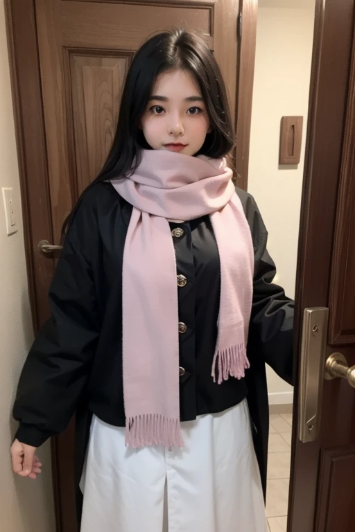 A gorgeous black hair white British girl in hot burqa with pink 
scarf standing in front of my door 