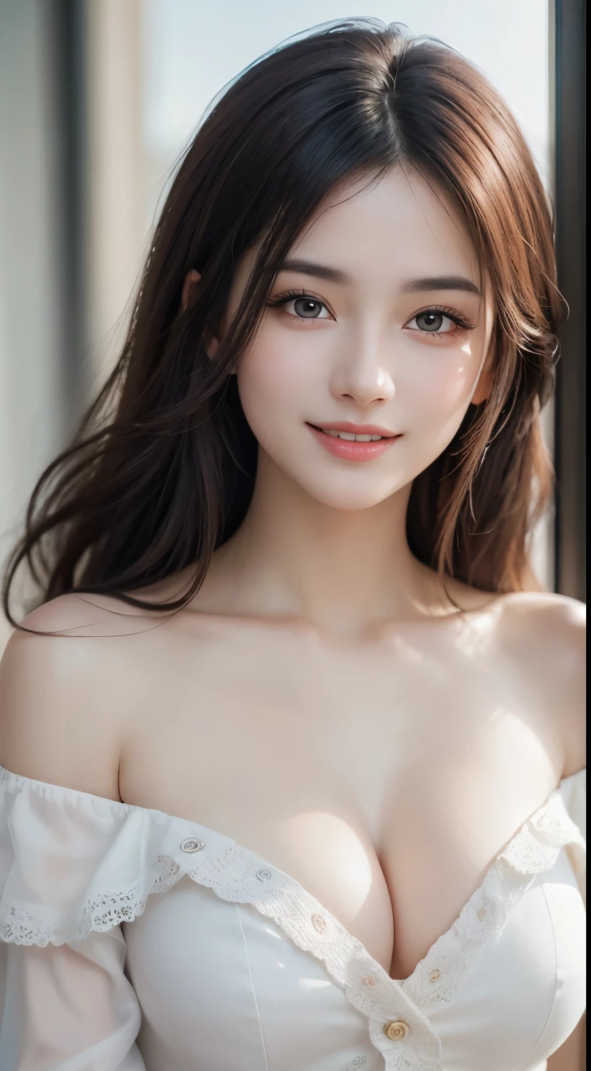 1woman, (ultra realistic, high resolution), (high definition eyes, high definition hair, high definition face, high definition plump lips), (open chest off shoulder), super large bust, full body, affectionate smile, (best quality: 1.4), raw photo, (realistic, photographic quality: 1.37), professional photographer, cinema-like light, Beautiful landscape, (Detail: 1. 2),1 Woman, (Ultra Realistic, High Resolution), (Detailed eyes, Detailed hair, Detailed face, Detailed full lips), (Off-shoulder with open chest), Bust, Upper body, Lovely smile, (Top Quality: 1.4), Raw photo, (realistic, photoshopped:1.37), professional photographer, light like in a movie, (fine:1.2),