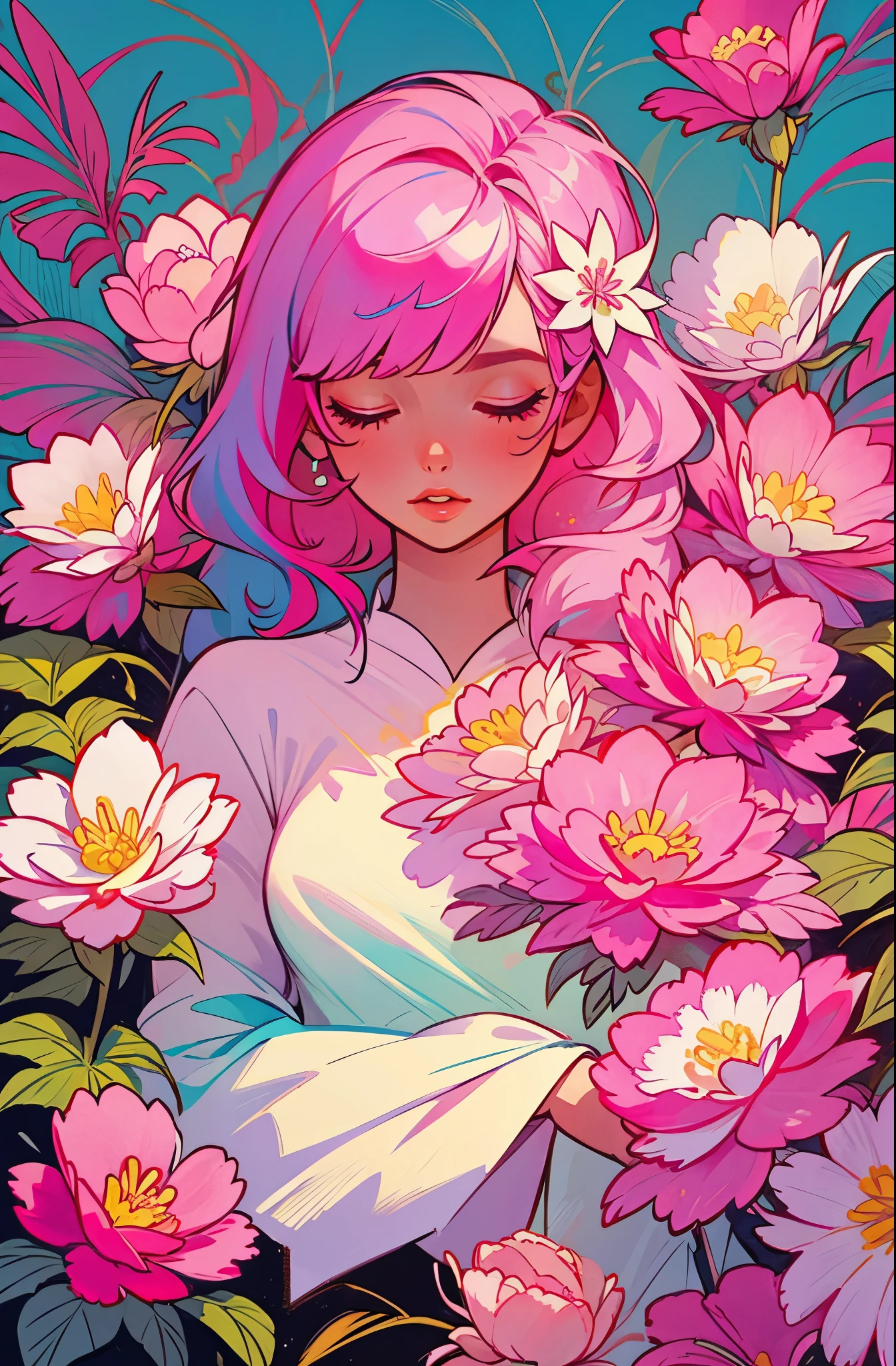 1girl,flower,solo,pink hair,closed eyes,hair ornament,hair flower,long hair,pink flower,bangs,lips,parted lips,