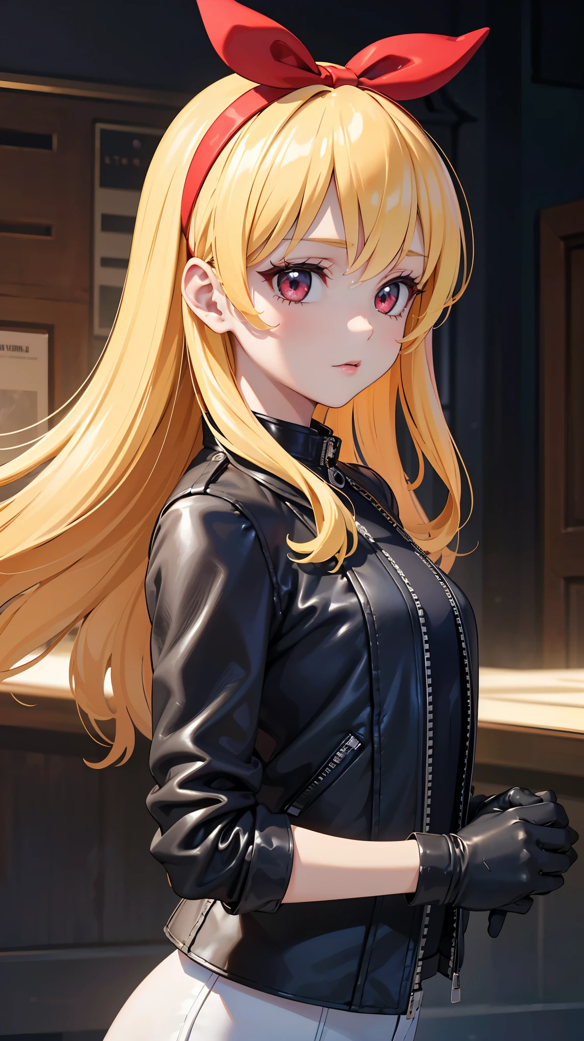 (RED Ribbon on HAIRband:1.2),((masterpiece, best quality, highly detailed, ultra detailed, high resolution, absurdres, 4K, 8K:1.2), (official art, incredibly fine illustration, extremely detailed CG, detailed background, cinematic lighting, dynamic angle, perfect hands, detailed shiny skin, detailed hair, detailed eyes)(extremely awesome detailed pretty face,beauty face)(extremely detailed)(Three-dimensional depiction)
BREAK,1girl,Blonde_HAIR,Floating_HAIR,Leather Jacket,Leather gloves,