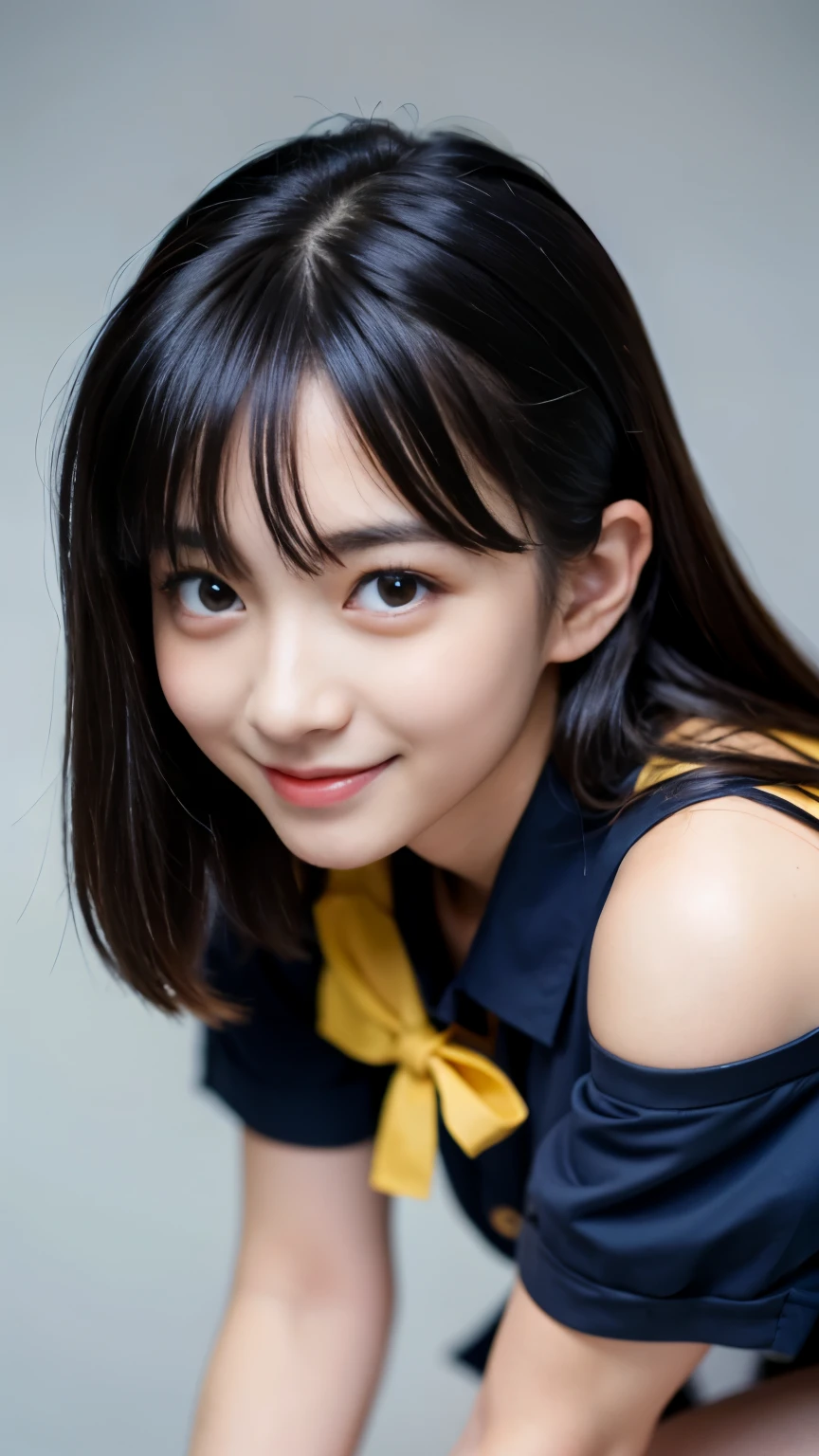 Best-quality, Masterpiece, Ultra-High-Resolution, (Photorealistic:1.4), Raw-Photo, the most famous Japanese idol, navy-blue Japanese high-school uniform, extremely cute face like the most popular Japanese idol, ((extremely beautiful big-black-eyes)), extremely beautiful hair, extremely beautiful skins, extremely beautiful long-eyelashes, extremely beautiful lips, extremely beautiful thighs, upturned hip, innocent-smile, dynamic-pose