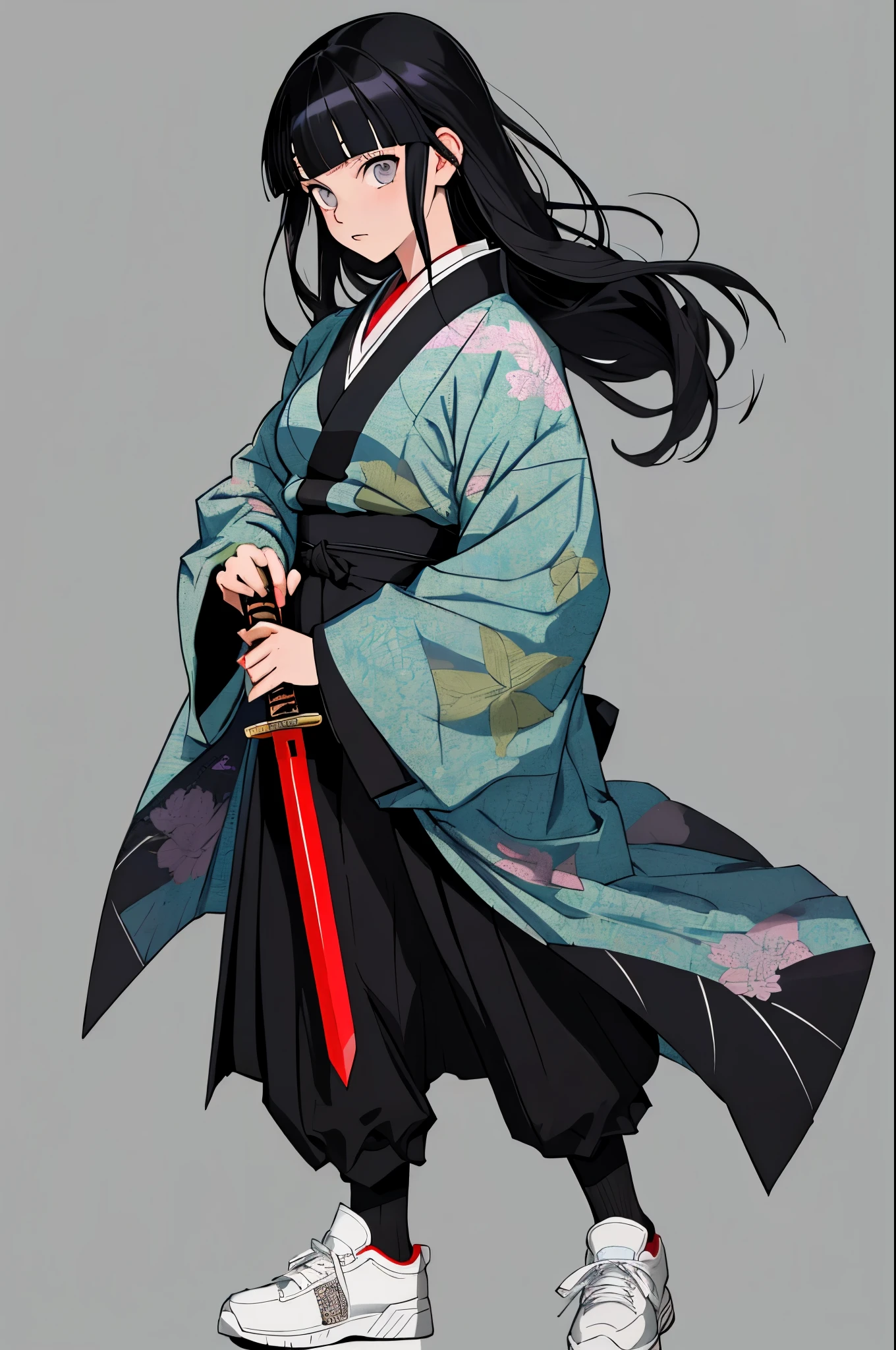 (best quality, masterpiece), 1girl, kimetsu no yaiba, masterpiece, best quality, 1girl, (solo:1.5) , black hair, blunt bangs, long straight hair, grey eyes, kimono, sneakers. holding a sword, simple background illustration, simple background, good composition
