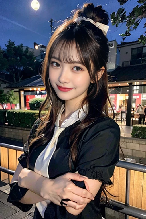 (8K,Raw photo、Raw photo、highest quality、master masterpiece:1.2)、super detailed、super resolution、(Photoreal:1.3)、((The woman in the back hugs the woman in front))、((Women hugging each other with their arms crossed from behind.))、High resolution raw color photos、professional photos、Same skin type as humans、Japan female proofreading from head to waist、blur the background、I draw it faithfully to the anatomy.、correct number of fingers、（Very beautiful and detailed cherry blossoms at night 1:1.37）((Cherry blossoms fluttering in the wind))、full moon、very detailed and beautiful、Super high quality、ハーフアップのhairstyle、bun hair、ponytail、High school girl in sailor suit、（swollen cheeks）Uniform details、Each face has its own unique features、different facial patterns、color々hairstyle、Brown hair fluttering in the night breeze、Sexy hair swinging、Highly detailed beautiful girl、（Pink Eyeshadow）、red tie、smile、