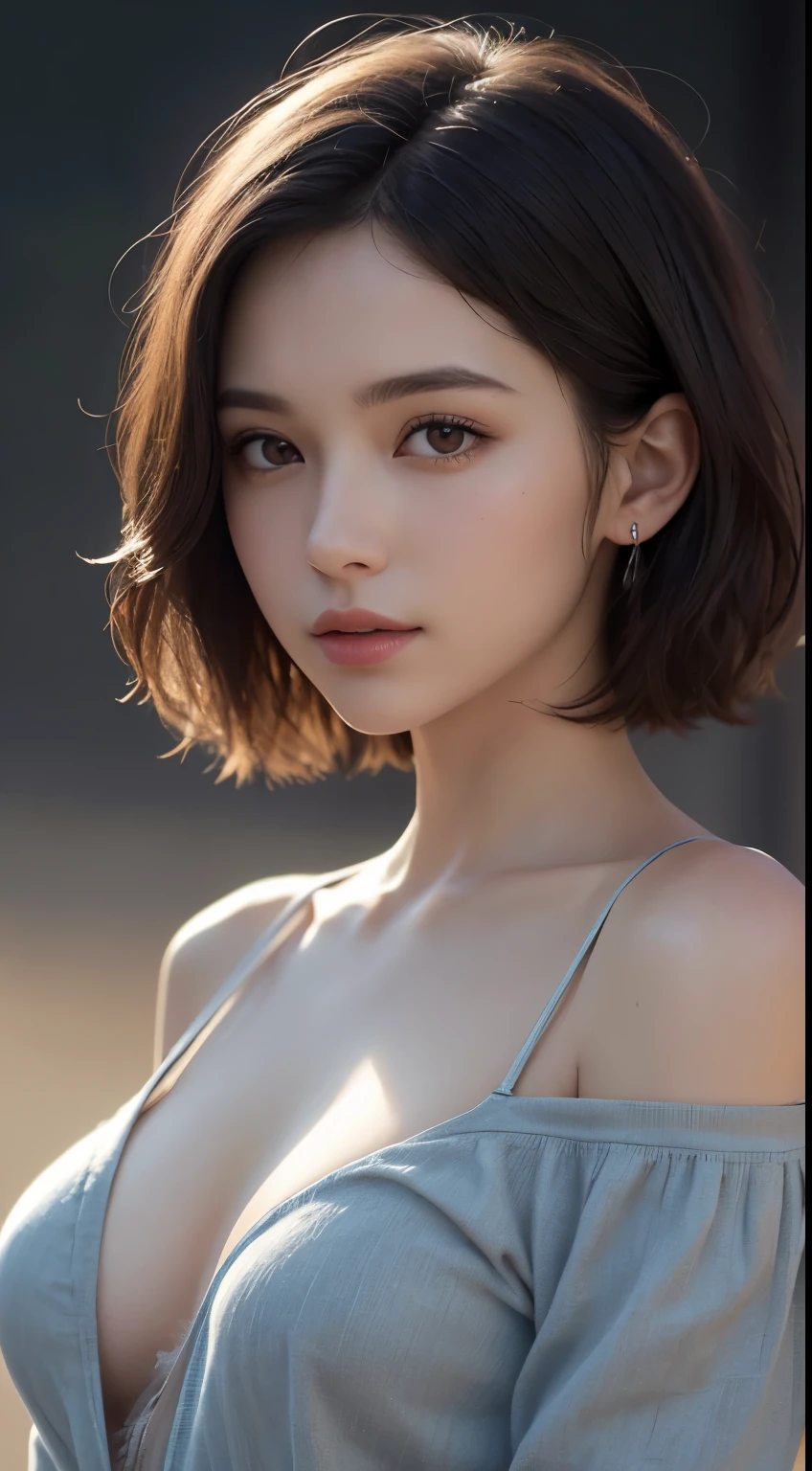 1girl, Extremely cute, amazing face and eyes, (extremely detailed beautiful face), (Ultra realistic), (highly detailed eyes, highly detailed hair, highly detailed face, highly detailed plump lips), (off shoulder), breasts, upper body, caute smile, (best quality:1.4), Raw photo, (realistic, photo-realistic:1.37), professional photography, cinematic light, Best quality, Masterpiece, (Realistic:1.2), 1 girl, Detailed face, Beautiful eyeasterpiece:1.2, Best quality), (fine detailed beautiful eyes: 1.2), (Extremely detailed Cg Unity 8K wallpaper, Masterpiece, Best quality, Ultra-detailed, Best shadow), (Detailed background), (Beautiful detailed face, Beautiful detailed eyes), High contrast, (Best illumination, An extremely delicate and beautiful),1girll,((colourful paint splashes on transparent background, Dulux,)), Dynamic Angle, beautiful detailed glow, full bodyesbian, Cowboy shot, White hair, Purple eyes, Best quality, Masterpiece, (Realistic:1.2), lotus flower, Glowing, In the night sky, Full of stars, The is very detailed, Ultra-high resolution, Ultra-high quality, (photograph:1.2)、(photorealistic:1.3)、(masterpiece:1.3)、(Highest image quality:1.4)、ultra high resolution、(detailed eyes)、(detailed facial features)、(Detailed garment features)、8K resolution、solo focus、30 year old mature woman、small face、no makeup、Detailed beautiful eyes、bangs、dark brown hair、short cut hair、(realistic skin)、beautiful skin、charming、ultra high resolution、Super realistic、High definition、Camisa branca aberta,middlebre、small breasts、bust B cup、small breasts、cool beauty、