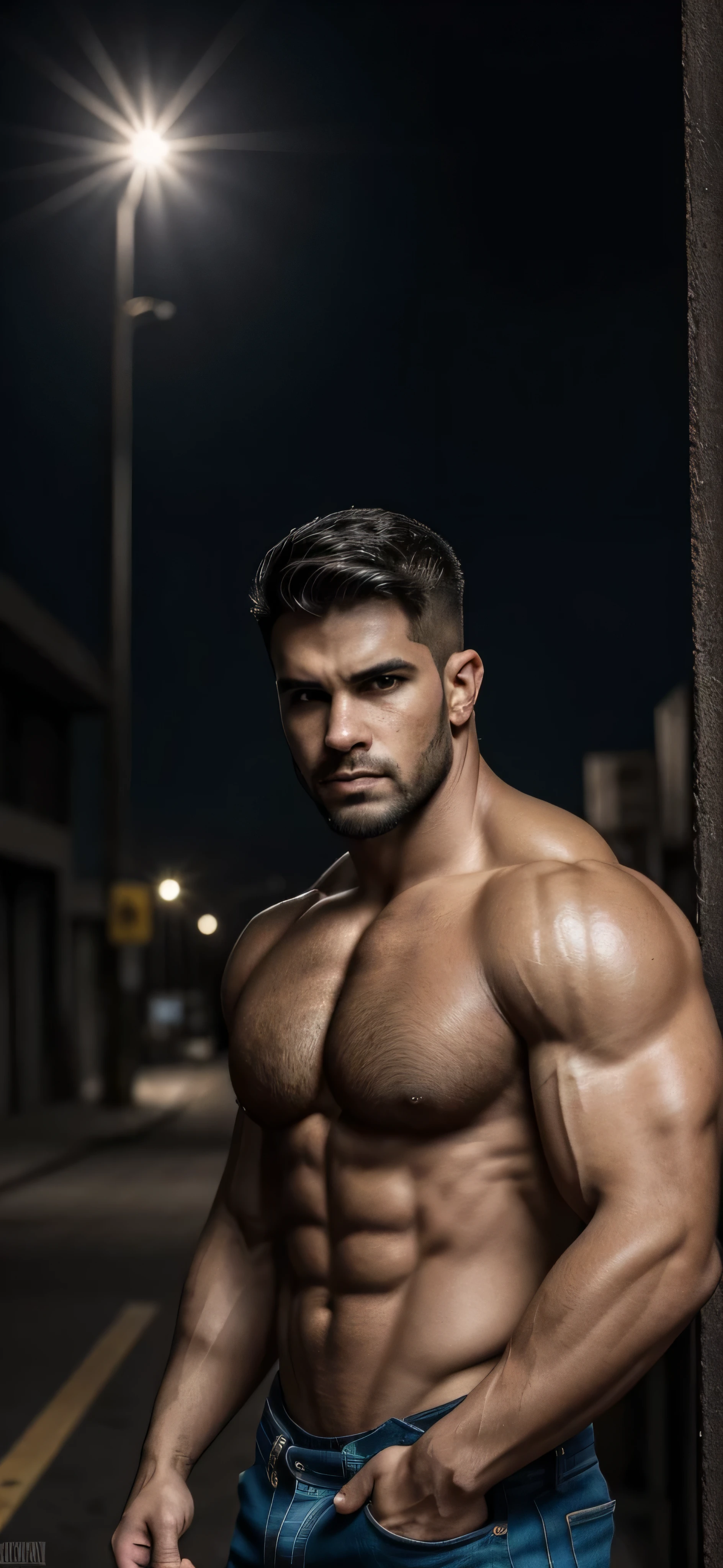 (Mejor calidad,4k,8K,high resolution,obra maestra:1.2),ultra detallado,(realista,photorealista,photo-realista:1.37),Un joven gigante y musculoso con cabello azul cian, cabello recortado y traje de camiseta sin mangas y pantalones cargo.,Barba corta y recortada,sin tatuajes,impresionante,relaxed expression,hermosos ojos detallados,stern expression,brazos fuertes y musculosos,manos gigantes,tattooed biceps,manos venosas,rippling muscles,cuello grueso,v cut abdominal muscles,abdominales apretados,bulging pectoral muscles,Hombros anchos,bulky physique,strong jaw,chiseled cheekbones,Botas de combate,Chaqueta de mezclilla,ropa rasgada,pose de tipo duro,aura misteriosa,valiente y confiado,postura heroica,en un entorno industrial desierto,marcado contraste entre luces y sombras,paleta de colores azul verdoso,dynamic lighting,bright neon signs,sandy atmosphere,decadencia urbana,Vivid graffiti,estructuras masivas que se desmoronan,maquinaria abandonada,humo ondulante,dust particles floating in the air,moody and dramatic,presencia amenazante,presencia imponente