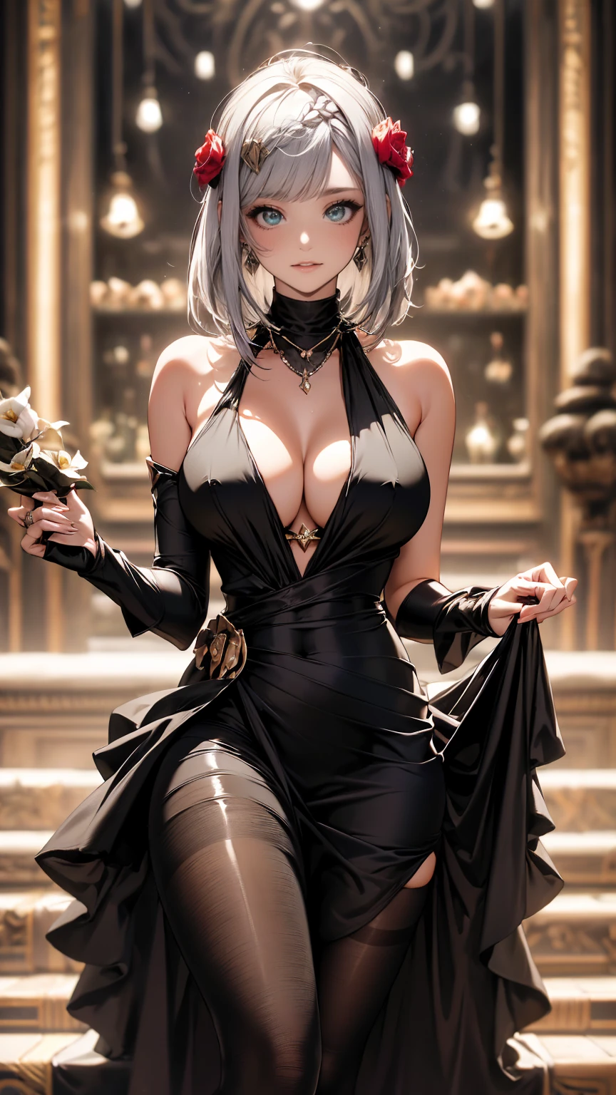 ((masterpiece, high resolution, best quality, best details, anime)), jewelry, beautiful sexy woman in a black sexy evening dress, ((sexy evening dress)), ((black pantyhose)), light green eyes, silver hair, short hair, smooth skin, cleavage, ((extremely slutty)), ((full body)), platform high heels, (pumps), noelle gi,noelledef, curvy body, (medieval setting, medieval europe, medieval castle), smile, shoulders exposed, breakdomain, anime