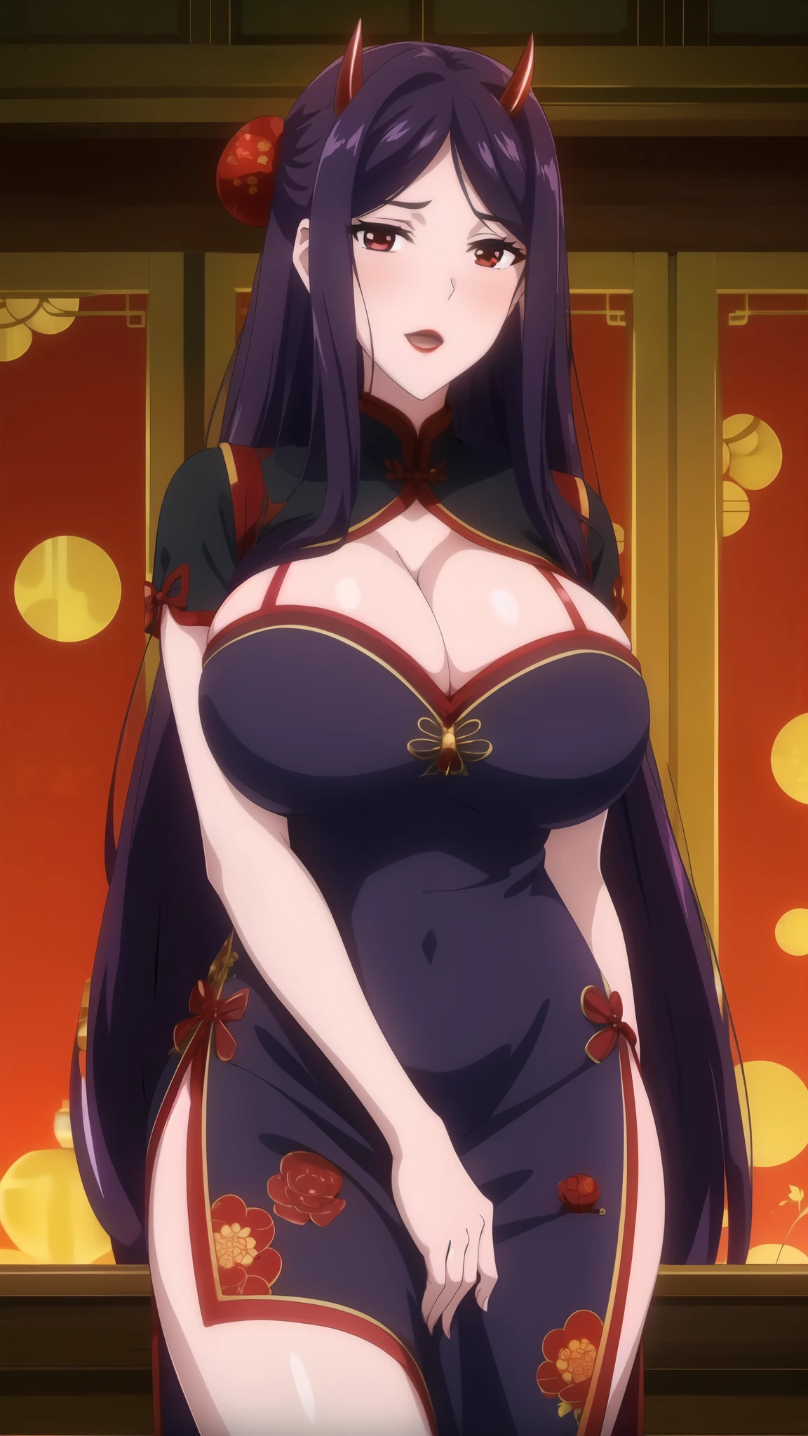 KijouYasha, BLUSH , purple hair, red eyes, red lips, very long hair, large breasts, detailed, hair ornament, oni horns, looking at viewer, 1girl, breasts, long hair, horns, solo, purple hair, dress, very long hair, huge breasts, chinese clothes, , exposed cleavage, , looking at viewer, black dress, china dress, , red eyes, SHY , parted bangs, thighs, short sleeves, l , hair ornament,(masterpiece: 1.0), (best_quality: 1.0), ultra high resolution, 4K, ultra detailed, photography, 8K, HDR, highres, absurders:1.2, Kodak portra 400, film grain, blurred background, bokeh:1.2, l (vibrant_color:1.2) (Beautiful), (beautiful_face:1.5),(narrow_waist), anime style, sharp focus, professional artwork,trending on pixiv, detailed bold arm lines, high color saturation, bold lines, bold drawing lines), open mouth, (white skin, (fair skin),